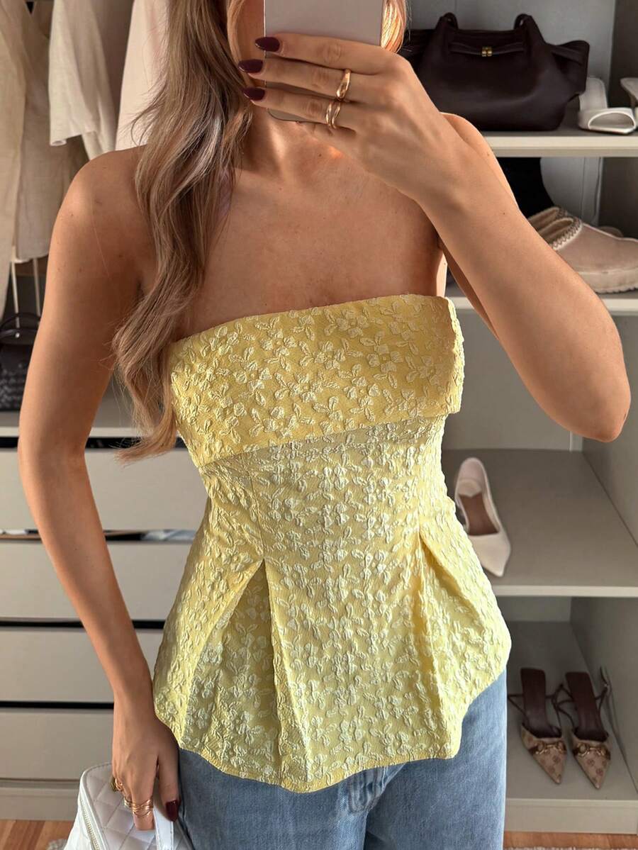 Siren Gaze Women's Yellow Floral Embossed Strapless Peplum Top Sweet Summer Style - Light Yellow - View 1