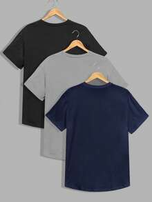 RueChic 3 Pack Men's Letter Print Round Neck Short Sleeve Casual T-Shirts With Rounded Hem - Multicolor - View 2