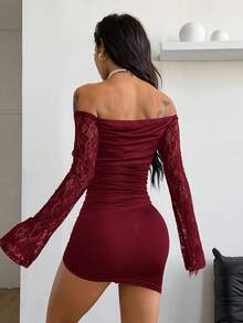 Coolane Đầm ôm sát hở vai bằng vải dệt kim dành cho nữ - Đỏ - Xem 6