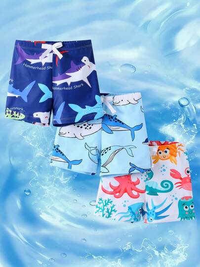 SHEIN 3件套男童休闲度假网纱彩色多巴胺恐龙鲨鱼印花宽松梭织沙滩泳衣多件套男童泳装，三色三件套短裤泳衣沙滩游泳冲浪度假春夏