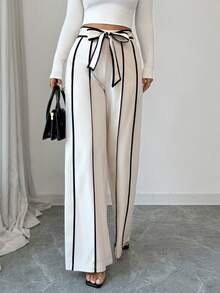 Elenzga 撞色滚边蝴蝶结腰带宽松优雅长裤 - 彩色 - 查看 6
