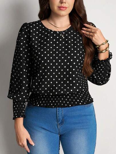 Comfylo Plus Size Casual Polka Dot Lantern Sleeve Blouse New Years Women Holiday Summer For Women Vacation Valentine's Day