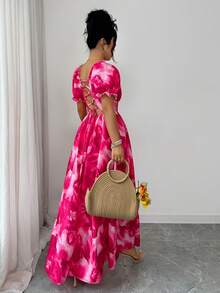 SHEIN Elenzya 女士优雅度假风扎染印花方领泡泡袖露背系腰连衣裙，紫红色 - 玫紅色 - 查看 10