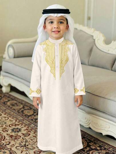 SHEIN Clásica blusa de manga larga estilo tradicional árabe de Oriente Medio, con estampado gráfico vintage, diseño casual y minimalista para niño bebé