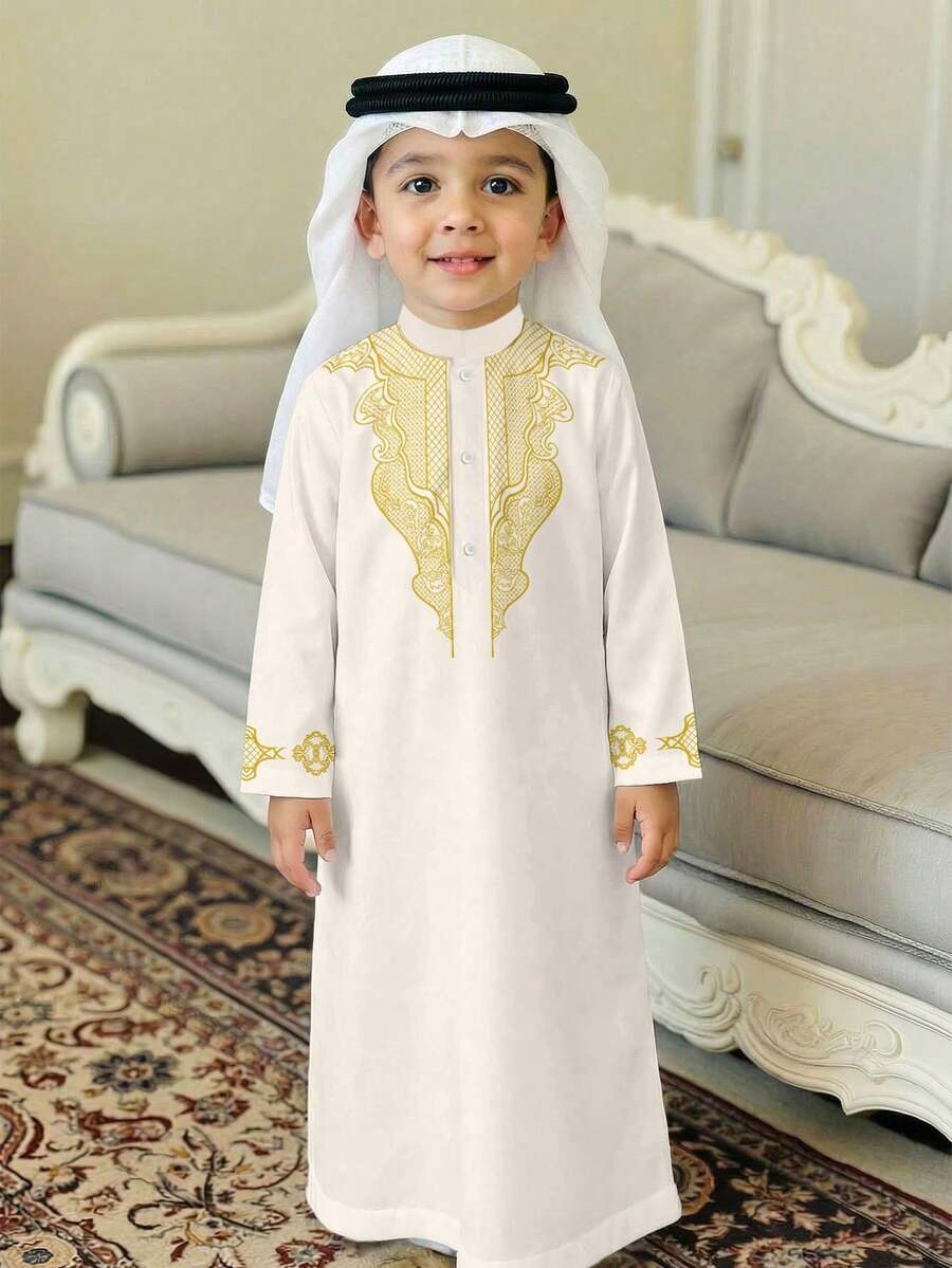 SHEIN Classic Middle Eastern Arabic Traditional Long Sleeve Top, Vintage Graphic Print, Casual & Minimalist Design For Baby Boy - Multicolor - View 1