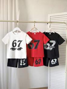 Playful Pals Conjunto de 3 piezas para niños jóvenes, camiseta de manga corta con estampado del número 67 y pantalones cortos, atuendo deportivo, verano, día de la carrera, actividades casuales de vuelta a la escuela - Multicolor - Ver 8