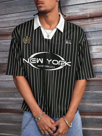  Men's AXEPEAK Casual Fashionable Striped & Letter Print Short Sleeve Polo Shirt