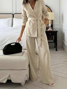 Firerie Bộ đồ hai mảnh thanh lịch dành cho nữ, chất liệu vải dệt kaki, gồm áo tay dài cổ choàng và quần dài. - Màu Khaki - Xem 1