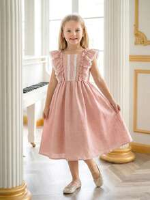 Elladie kids 1 pieza Vestido casual de princesa para niñas preadolescentes con mangas de encaje, hombros descubiertos, cintura elástica, tela ligera y decoración floral elegante para el verano - Rosa - Ver 3