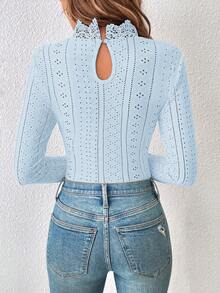 SHEIN Frenchy Guipure Adult Lace Insert Eyelet Embroidery Mock Neck Tee Bodysuit - Baby Blue - View 2
