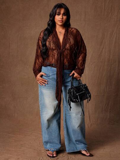 Rustia Plus Size Women Charming Sheer Vintage Satin Ribbon Lace Deep V-Neck Loose Long Sleeve Blouse Top With Tie Collar Design, Brown French Fashion Lace Tie Collar Hollow Sexy Lapel Long Sleeve Women Shirt Lace Blouse Regular Top Regular Shirt Retro Vacation Style Fashion Basics Street Style Sexy Vintage Unique Minimalist Girly Elegant Suitable For Spring, Summer, Beach, Resort