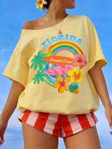 INAWLY Áo thun nữ mùa hè in hoa, tay ngắn, vai lệch, kiểu dáng đi nghỉ mát, hình cây dừa PNG, hình cầu vồng PNG - Màu vàng - Xem 3