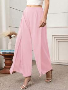 Breezaya 女士休闲舒适派对纯色高开衩宽松阔腿裤 - 粉色 - 查看 5