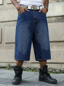 Manfinity EMRG 男士刺绣口袋休闲宽松牛仔短裤 - 淺色水洗藍 - 查看 3