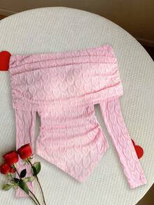 Rafferiza Elegant och trendig t-shirt med smal passform, bara axlar och stort slag, hjärtmönster i spets för unga kvinnor, lämplig för vår/höst - Rosa - Visa 6