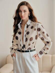 Anewsta Áo kiểu tay dài cổ polo mỏng nhẹ, nhuộm tie-dye chấm bi cổ điển dành cho nữ, thích hợp cho mùa xuân/hè. - Nhiều màu - Xem 5