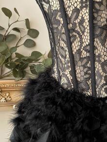Lovelzi Elegant Black Lace Fabric Strapless Corset Bodycon Mini Dress Wedding Guest Party Cocktail Prom Banquet Dress - Black - View 3