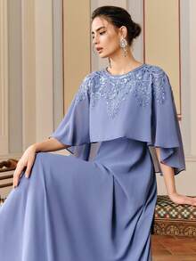 Anewsta 母亲节长款水钻装饰披肩领连衣裙，优雅适合正式场合 - 霧霾藍 - 查看 6