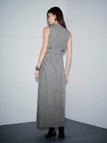 Lumivelle Women's Casual Linen Round Neck Sleeveless Cinched Waist Midi Dress, Summer - Grey - View 2