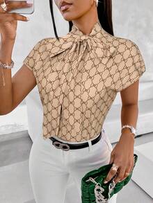 SOLERSUN Áo sơ mi nữ in hoa thanh lịch và quyến rũ, thích hợp mặc thường ngày hoặc đi làm, mang phong cách nghệ thuật cổ điển, lý tưởng cho mùa xuân và mùa hè. - màu nâu - Xem 5