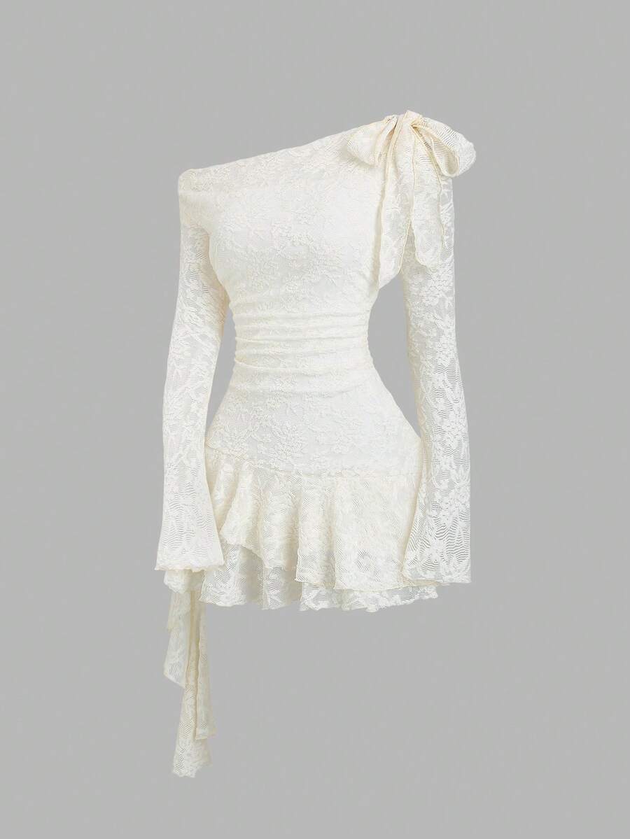 Sweetra Y2K Sexy Lace Asymmetric Shoulder Asymmetrical Hem Dress - Apricot - View 1