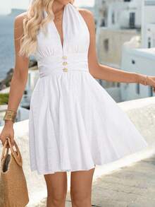 Breezaya Women's Vacation Casual Halter Backless Mini Dress Cute Summer Dress For Women - White - View 1