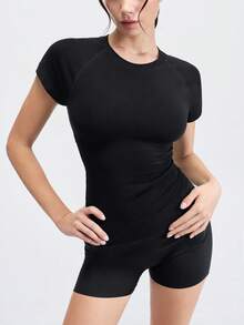 Loungeista 1件女士褶皱胸衣，竹纤维短袖修身塑形上衣，显瘦透气舒适T恤 - 黑色 - 查看 1