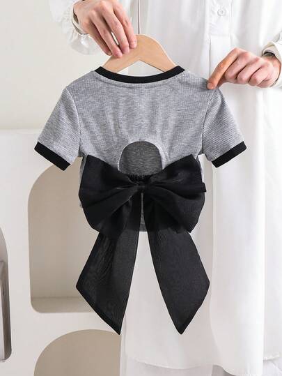 Young Girl Solid Color Knit Fitted Cropped Backless T-Shirt With Organza Oversized Bow Decor, Fashionable French Elegant, Back To School, Y2K, Sweet & Cool Lady Style