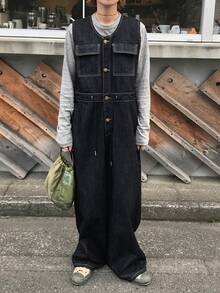 FRIFUL Women's Single-Breasted Cargo Pocket Casual Wide Leg Denim Jumpsuit - Blue - View 4