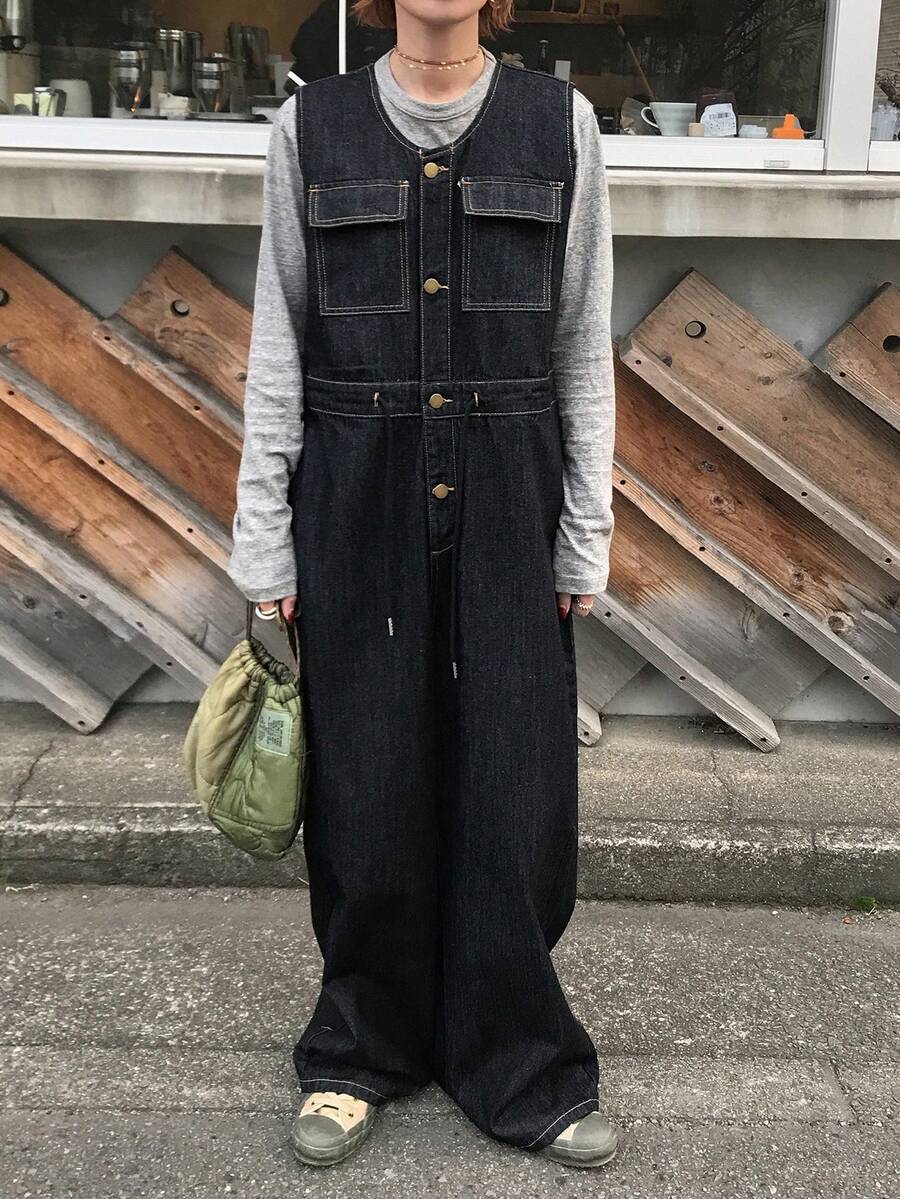 FRIFUL Women's Single-Breasted Cargo Pocket Casual Wide Leg Denim Jumpsuit - Blue - View 1