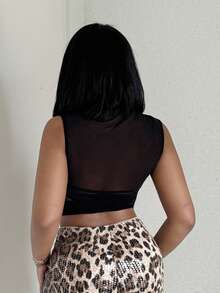 Alexandranx Black Mesh See-Through Asymmetrical Neck Top, Music Festival Party Top, Summer Women's,Easter /Concert Women Music Festival Holiday - Black - View 2