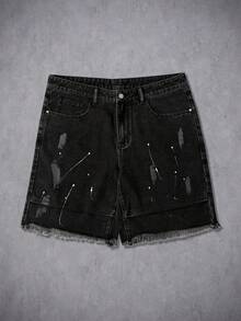 Manfinity Denimwave Men's Summer Black Fringe Hem Distressed Loose Denim Shorts - Black - View 1