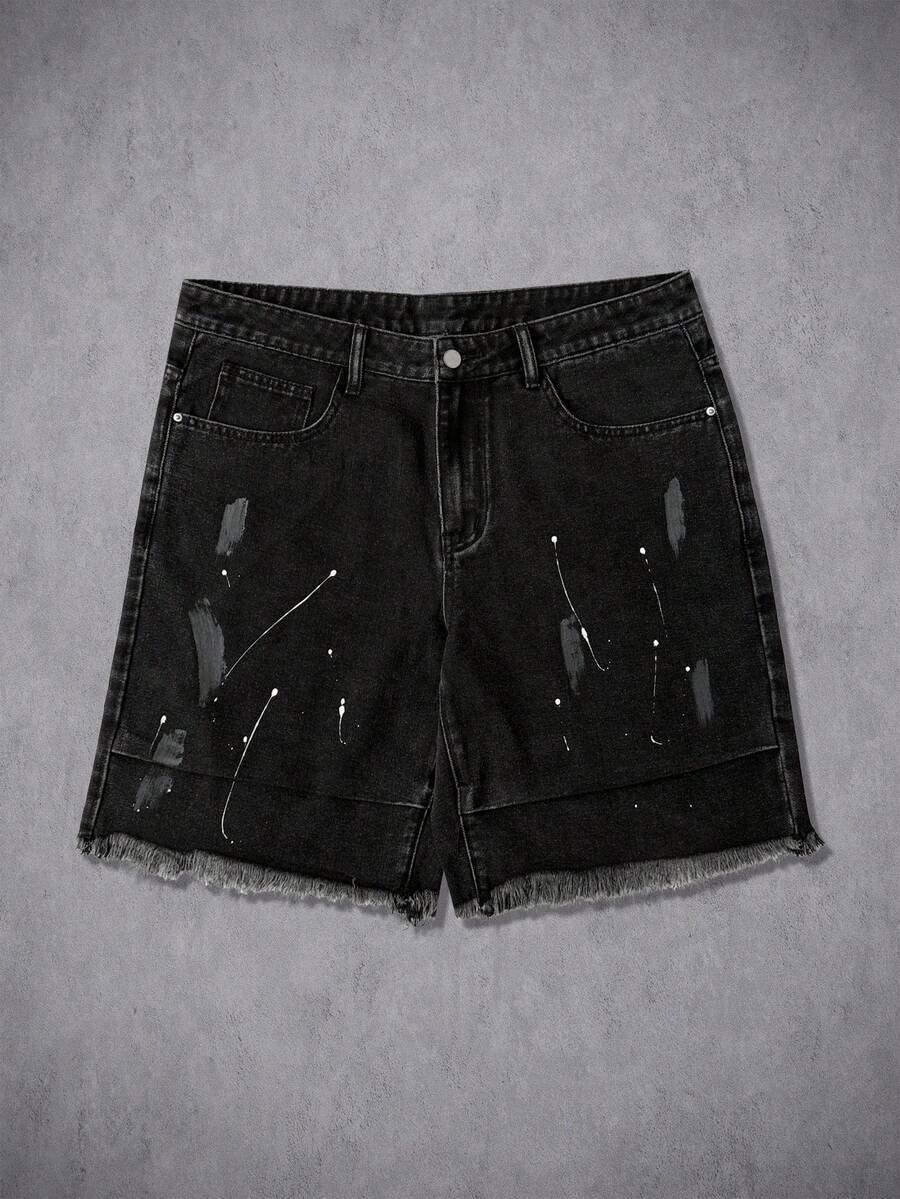 Manfinity Denimwave Men's Summer Black Fringe Hem Distressed Loose Denim Shorts - Black - View 1