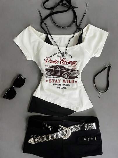 Rina Fox 女士复古Y2K撞色拼接上衣