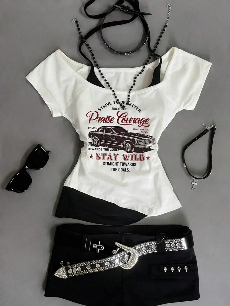 INAWLY Women's Retro Y2K Contrast Color Patchwork Top - White - View 1