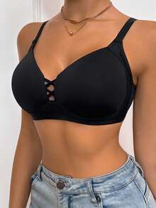 DesireSculpt Women's Comfortable Solid Sexy Romantic & Simple Cross Strap Wire-Free Soft Cup Anti-Sagging Bra - Black - View 4