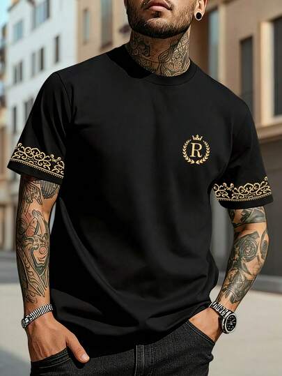 Manfinity LEGND Men's Casual Short Sleeve T-Shirt, Fashion Crown & Letter Floral Print Short Sleeve Top, Elegant Minimalist, Crew Neck Shirt For All Seasons, Daily Wear, Gift For Boyfriend/Family