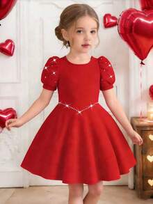 女童红色串珠泡泡袖收腰珍珠A字针织连衣裙，春秋季，适合新年、派对、聚会、圣诞节等场合。 - 紅色 - 查看 8