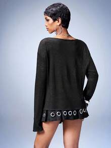 Y2Kool Áo thun nữ tay dài cổ tròn dáng rộng, gợi cảm, phong cách đường phố Y2K, phù hợp cho mùa thu, đông, xuân, hè và các buổi tiệc. - màu đen - Xem 2