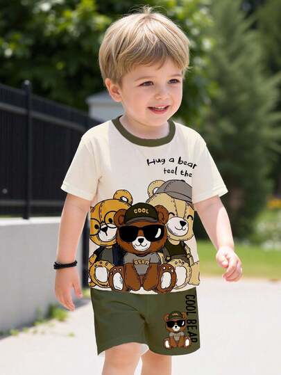 Conjunto deportivo casual y cómodo para bebé niño con estampado lindo de oso, de manga corta y pantalón corto, adecuado para salidas en primavera/verano, ropa de bebé niño, ropa infantil, conjunto de niño, fotografía, diario, hogar, Día de San Valentín, regalo