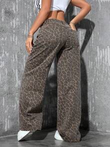 SHEIN ICON 大码女式宽松豹纹直筒牛仔裤，休闲牛仔装扮 - 彩色 - 查看 2