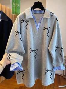Resyla Women's Bow Print Patchwork Striped Casual Loose Sweatshirt - Light Grey - View 1