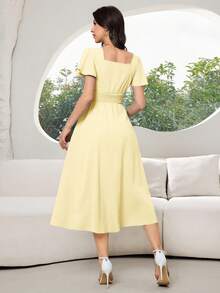 Modelyn 女士方领短袖荷叶边收腰修身连衣裙 - 黃色 - 查看 6
