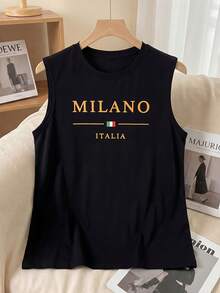 Manfinity Homme Men's Letter & National Flag Print Black Round Neck Tank Top - Black - View 1