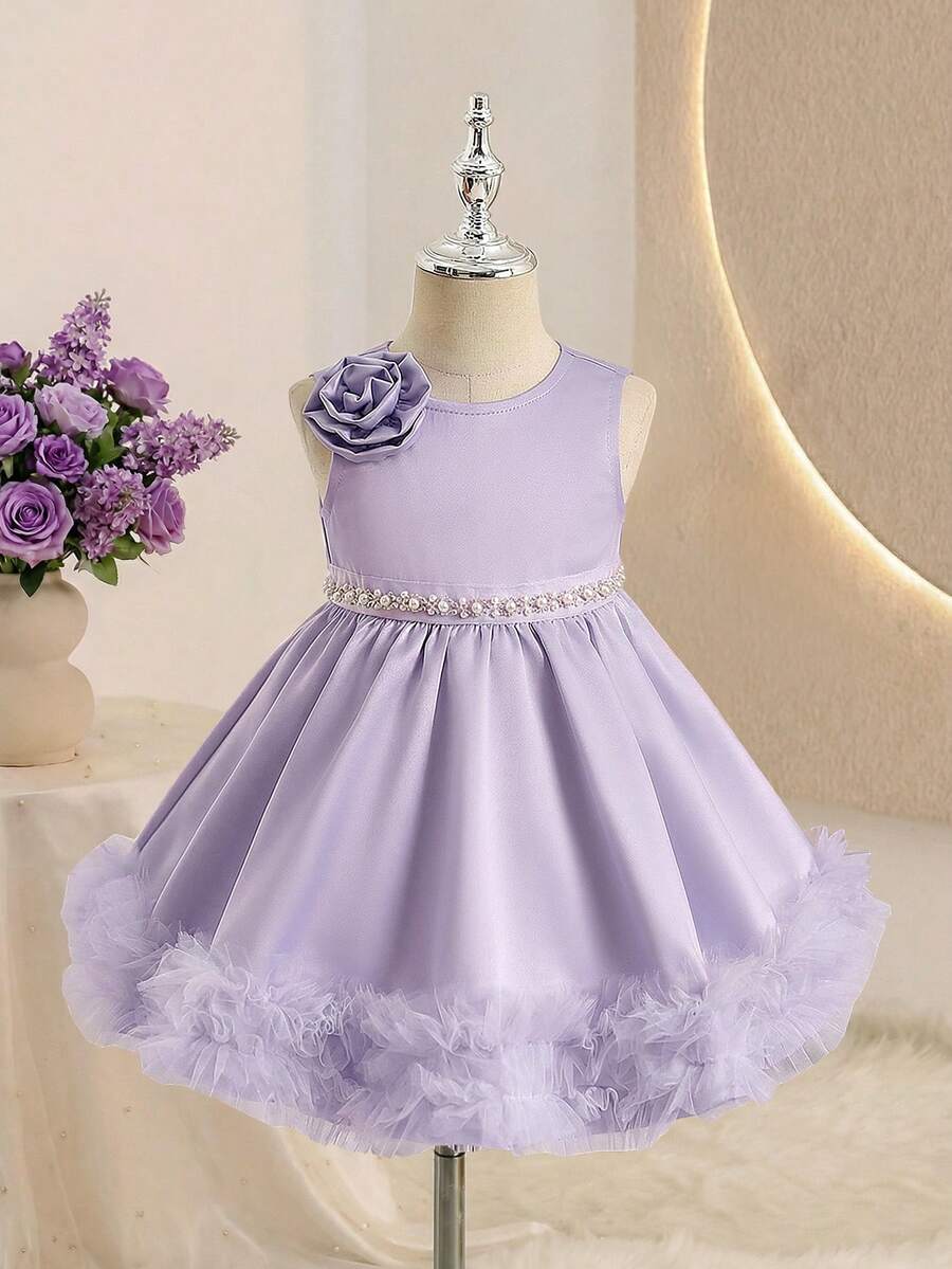 Elegant & Söt Rosa Organzablomma Kortärmad Prinsessklänning för Babyflicka - Rosa - Visa 1