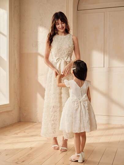 SHEIN 3D Floral Satin Back Bow Party Dress For Young GirlMatching Family Outfits Mother And Daughter Dress Mommy And Me Dresses Cream Dresses For Girls Ivory Coquette Dress For Girls Matching Party Wear,Mommy And Me Matching Outfits (2 Pieces Sold Separately)