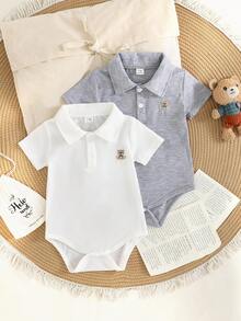 SHEIN 女婴平领平袖连体衣，前开襟按扣设计，刺绣图案，夏季款 - 彩色 - 查看 1