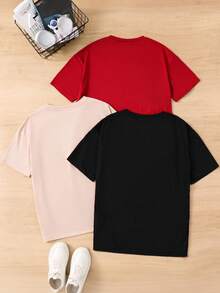 SHEIN 3件套休闲简约卡通宇航员印花宽松短袖圆领T恤，卡其色、黑色、红色，适合夏季穿着 - 青少年男童 - 彩色 - 查看 3