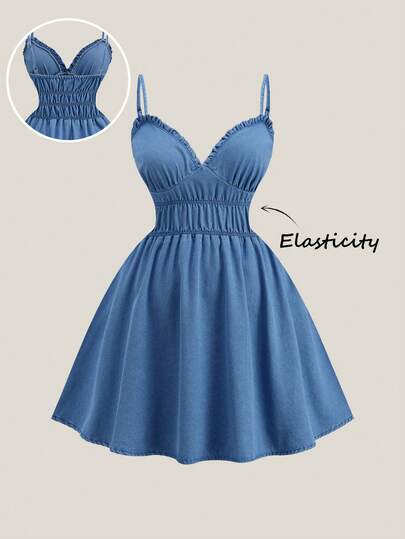 SHEIN MOD 大码休闲水洗牛仔吊带连衣裙