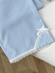 Elamini Women's Vacation Casual Striped Lace Trim Pants - Blue - View 5